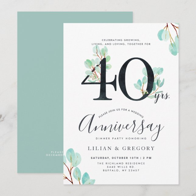 Growing Together 40th Anniversary Eucalyptus Theme Invitation (Front/Back)