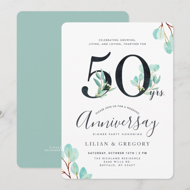 Growing Together 50th Anniversary Eucalyptus Theme Invitation (Front/Back)