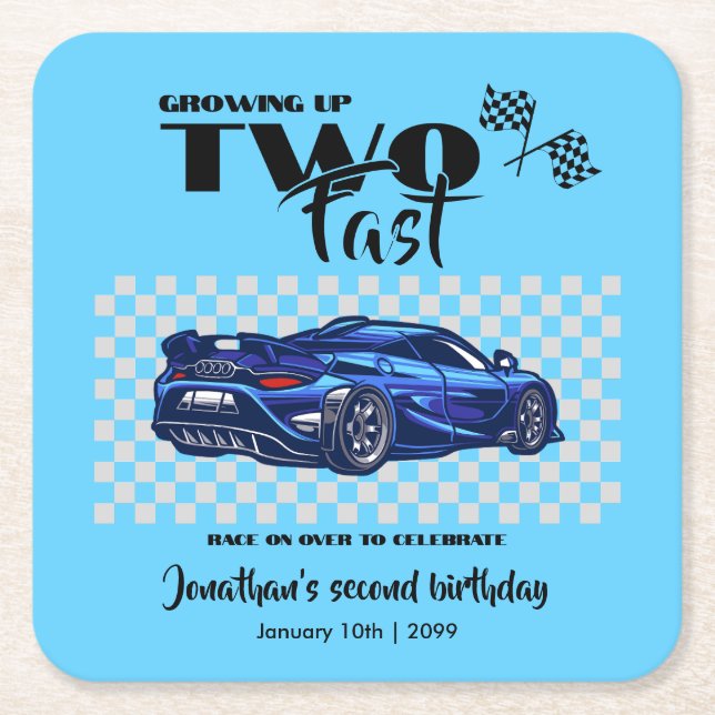 Growing Up To Fast 2nd birthday Blue Sports Car Square Paper Coaster (Front)