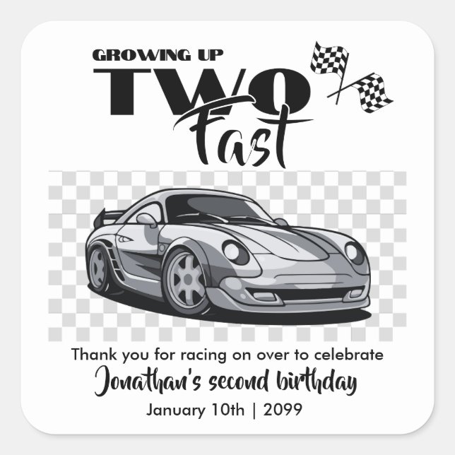 Growing Up To Fast 2nd birthday  Modern Race Car Square Sticker (Front)