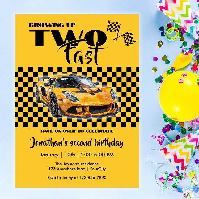 Growing Up To Fast 2nd birthday  Yellow Sports Car Invitation (Creator Uploaded)