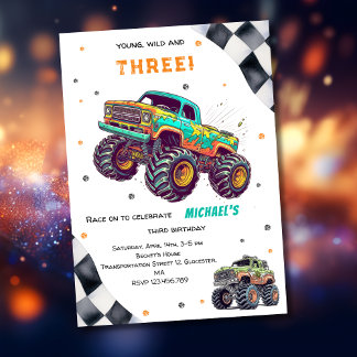 Growing up too fast monster trucks boy birthday invitation