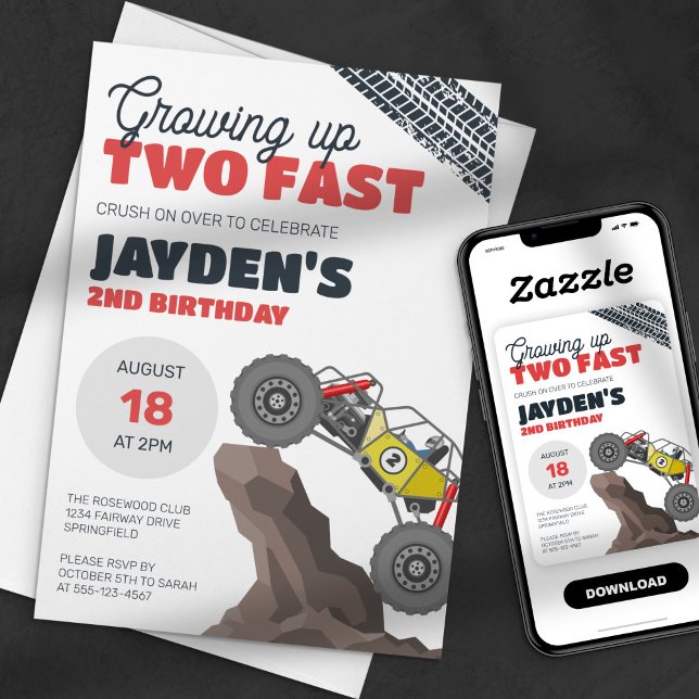 Growing Up Tow Fast 2nd Birthday Monster Truck Invitation (Creator Uploaded)