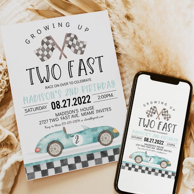 Growing Up Two Fast 2nd Birthday  Invitation (Blue race car “Growing Up Two Fast” 2nd birthday party invitation with checkered flag design, perfec)