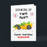 Growing Up Two Fast 2nd Birthday Kids Racing Cars Card<br><div class="desc">Growing Up Two Fast 2nd Birthday Kids Racing Cars Birthday Card Greeting Card features a cute and colourful racing cars with the text "Growing up two fast!" in modern typography script accented with the number 3 and doodles. Below "Happy Birthday" personalise with your name and add your custom message on...</div>