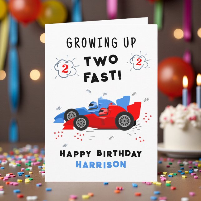 Growing Up Two Fast 2nd Birthday Kids Racing Cars Card (Creator Uploaded)