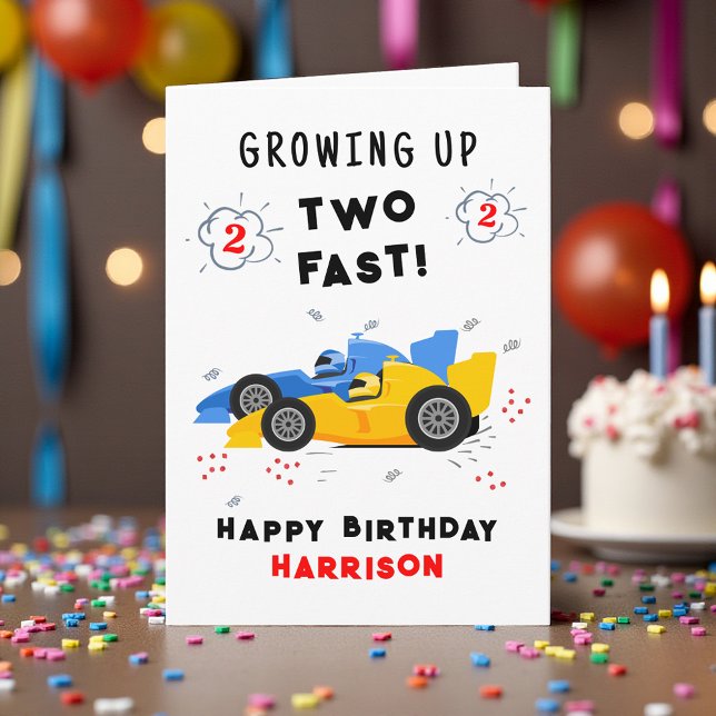 Growing Up Two Fast 2nd Birthday Kids Racing Cars Card (Creator Uploaded)