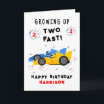 Growing Up Two Fast 2nd Birthday Kids Racing Cars Card<br><div class="desc">Growing Up Two Fast 2nd Birthday Kids Racing Cars Birthday Card Greeting Card features a cute and colourful racing cars with the text "Growing up two fast!" in modern typography script accented with the number 3 and doodles. Below "Happy Birthday" personalise with your name and add your custom message on...</div>