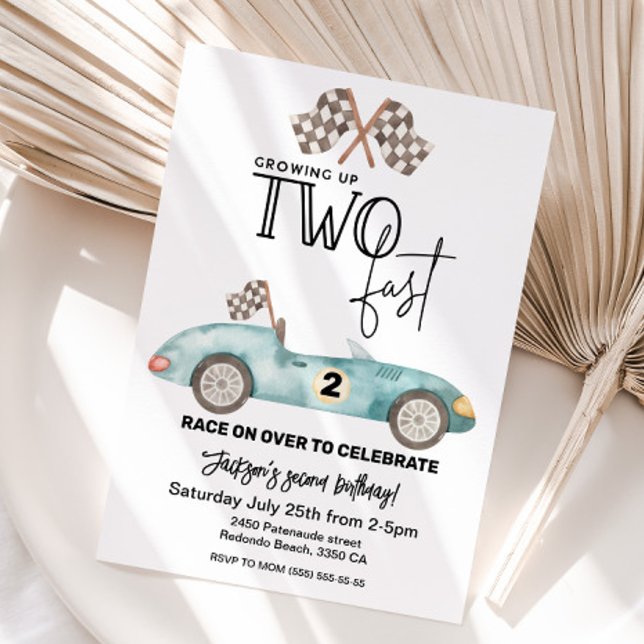 Growing Up TWO fast Blue Race car 2nd birthday Invitation (Growing up TWO fast boy birthday party)