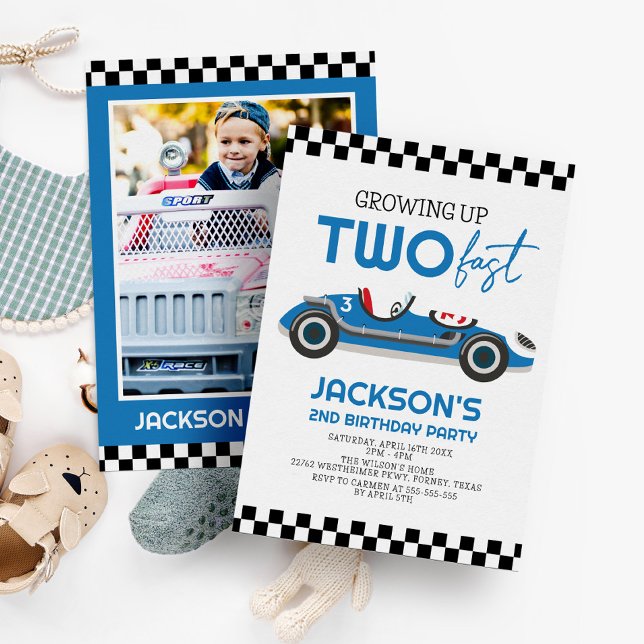 Growing Up Two Fast Blue Race Car 2nd Birthday Invitation (Creator Uploaded)