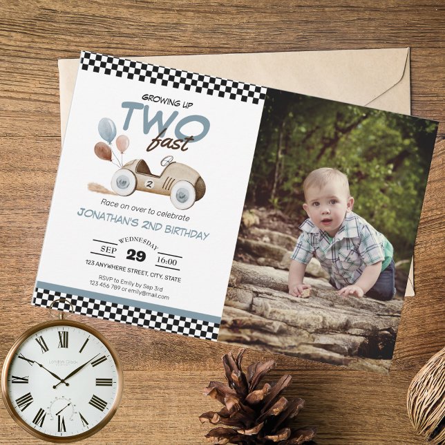 Growing Up Two Fast Boy Birthday Car Vintage Photo Invitation (Creator Uploaded)