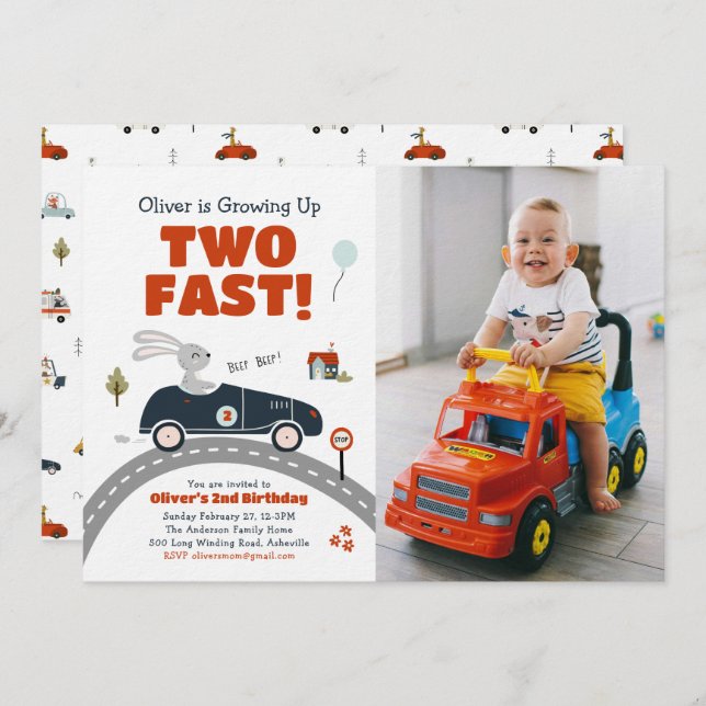 Growing Up Two Fast Cars Birthday Invitation  (Front/Back)