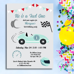 Growing Up Two Fast Festive Blue Race Car Birthday Invitation