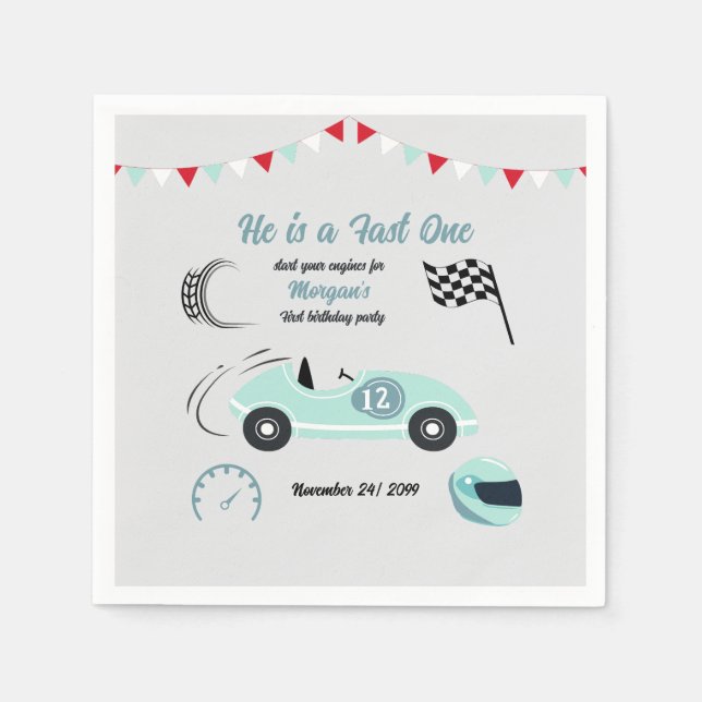 Growing Up Two Fast Festive Blue Race Car Birthday Napkin (Front)