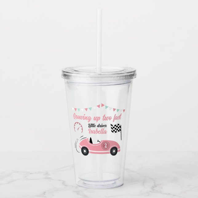 Growing Up Two Fast Festive Pink Race Car Birthday Acrylic Tumbler (Front)