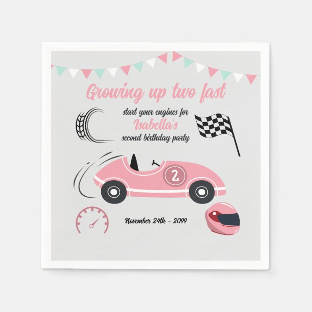 Growing Up Two Fast Festive Pink Race Car Birthday Napkin (Front)