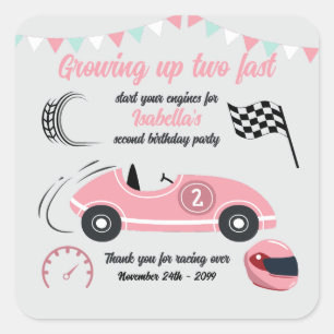Growing Up Two Fast Festive Pink Race Car Birthday Square Sticker