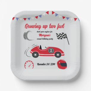 Growing Up Two Fast Festive Red Race Car Birthday Paper Plate