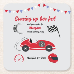 Growing Up Two Fast Festive Red Race Car Birthday Square Paper Coaster