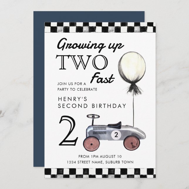 Growing Up Two Fast Invitation Navy and Red (Front/Back)