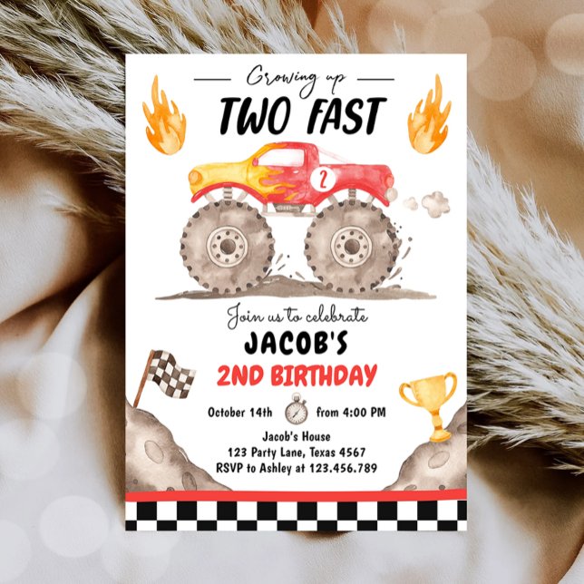 Growing Up Two Fast Monster Truck Boy Birthday Invitation (Creator Uploaded)