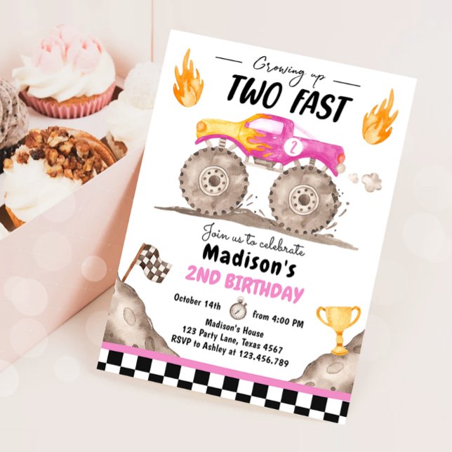 Growing Up Two Fast Monster Truck Girl Birthday Invitation (Creator Uploaded)