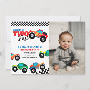 Growing Up Two Fast Monster Truck Photo Birthday  Invitation