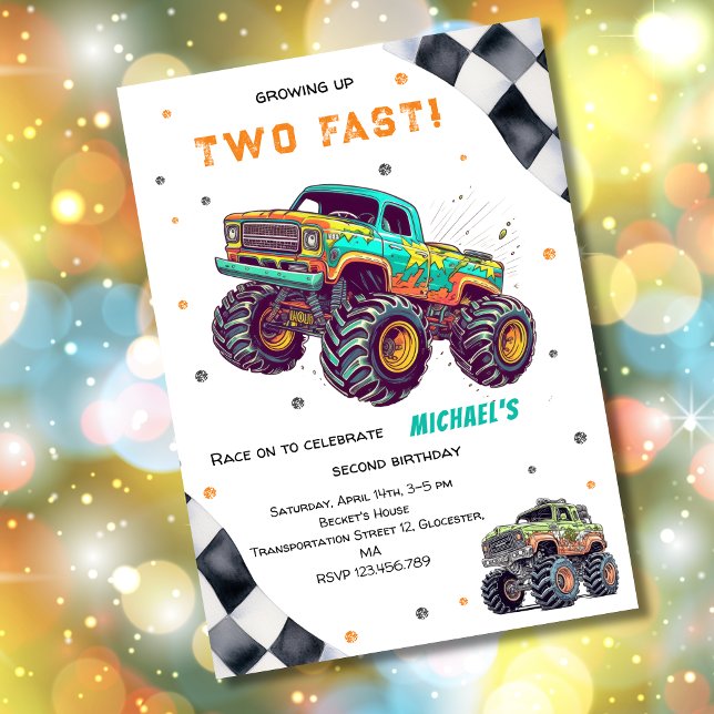 Growing up two fast monster trucks boy birthday invitation (Creator Uploaded)