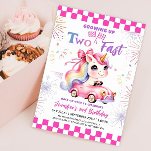 Growing Up Two Fast! Pink Race Car 2nd Birthday  Invitation