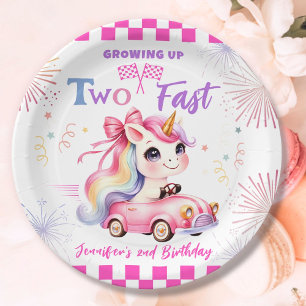 Growing Up Two Fast! Pink Race Car 2nd Birthday Paper Plate
