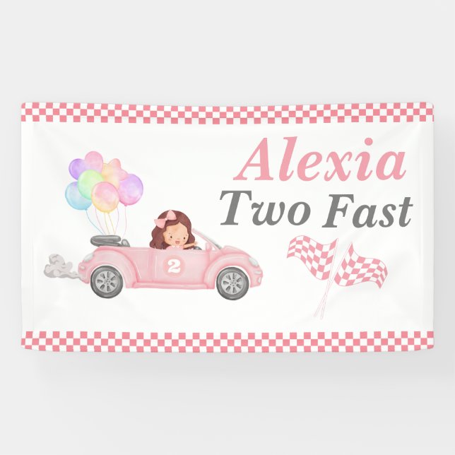 Growing Up Two Fast Pink Race Car Girl 2nd bday Banner (Horizontal)