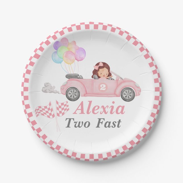 Growing Up Two Fast Pink Race Car Girl 2nd bday Paper Plate (Front)