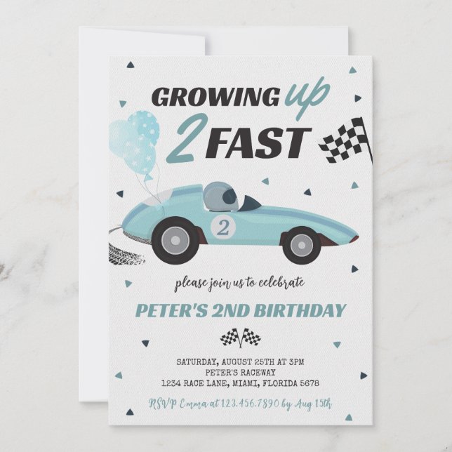 Growing Up Two Fast Race Car 2nd Birthday Invitation (Front)
