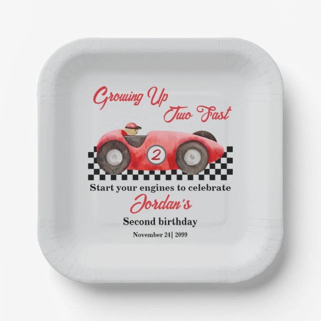 Growing up Two Fast Red Race Car 2nd Birthday Paper Plate (Front)