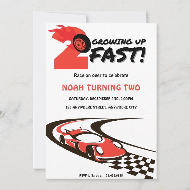 Growing Up Two Fast Red Race Car Birthday Party Invitation (Front)