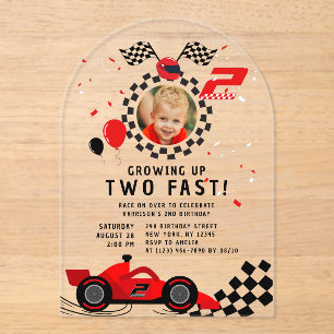 Growing Up Two Fast Red Racing Car Photo Acrylic Invitations