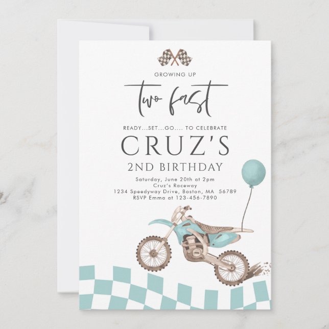 Growing Up Two Fast Yellow Dirt Bike Boy Birthday Invitation (Front)