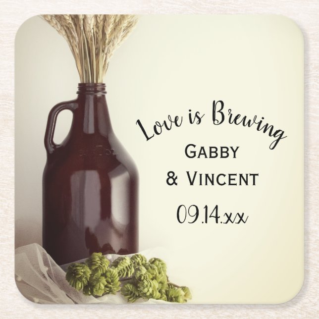 Growler, Hops and Wheat Brewery Wedding Square Paper Coaster (Front)