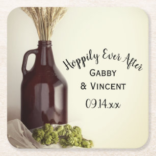 Growler, Hops and Wheat Brewery Wedding Square Paper Coaster