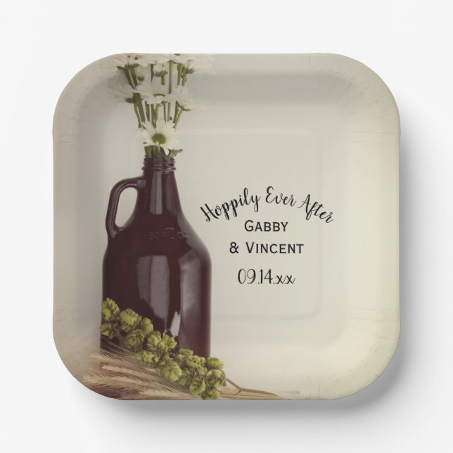 Growler Hops Daisies Hoppily Ever After Wedding Paper Plate (Front)