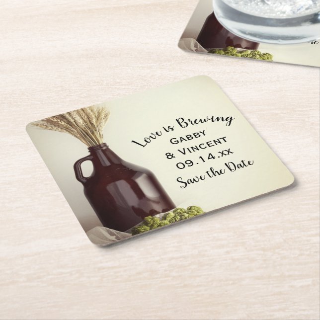 Growler Hops Wheat Brewery Wedding Save the Date Square Paper Coaster (Angled)