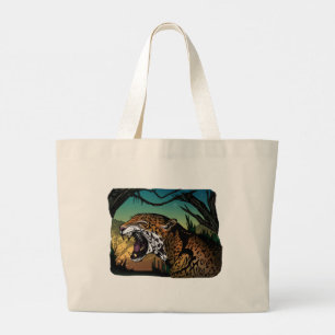 Growling Jaguar Jungle Design – Teal Yellow Wild Large Tote Bag