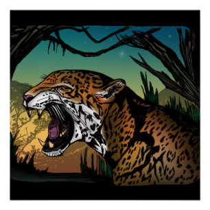 Growling Jaguar Jungle Wall Art – Wild Cat Teal Ye