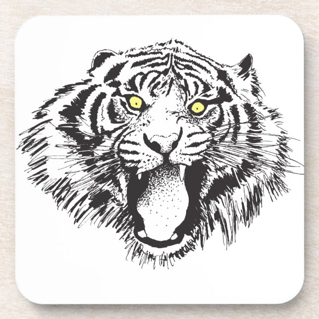 Growling Tiger in Black with Yellow Eyes Coaster (Front)