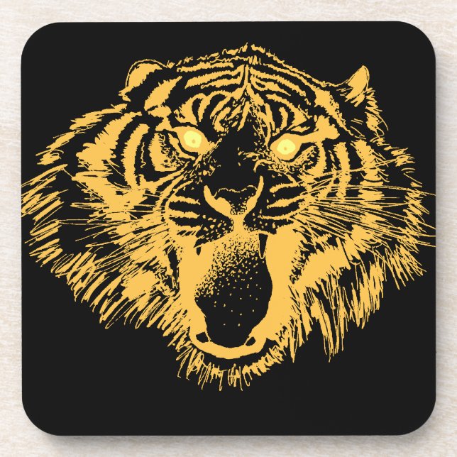 Growling Tiger in Orange With Yellow Eyes Coaster (Front)