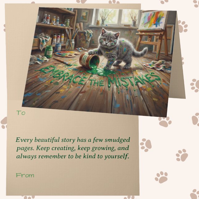 Growth Mindset Kitten Animalcore Therapy Art Card (Grey Kitten Green Paint Growth Mindset Encouragement Card for therapy, classroom and artists.)