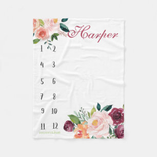 Growth tracker - Boho watercolor with roses Fleece Blanket