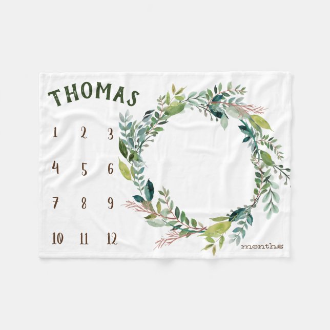 Growth tracker -  Green branches Milestone Fleece Blanket (Front (Horizontal))