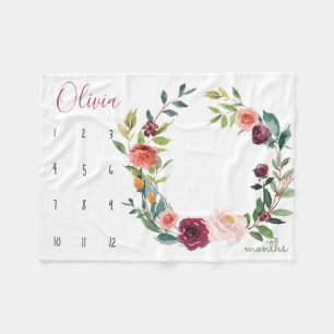 Growth tracker - Milestone boho watercolor flowers Fleece Blanket