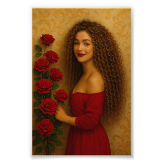 "Grua elegante me fustan të kuq me trëndafila - Po Photo Print